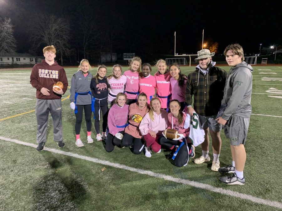 The Pink Team from left to right: Case Mankins (coach), Bridget Sutula, Alice Taylor, Sydney Smith, Anna Martin, Adrienne Kyere, Alysse Moskal, Ava Mitchell, Tristen Upton (coach), Dante Bruschi (coach), (second row) Riley Pino, Charlotte Wymes, Samantha Reale, Valerie Capalbo 

