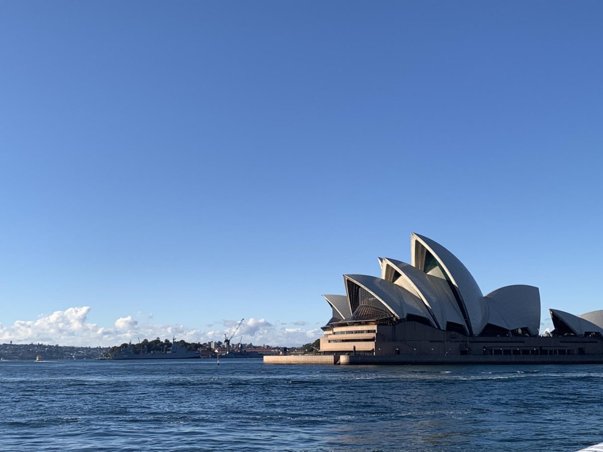 View of the Sydney Opera House from the harbor. 