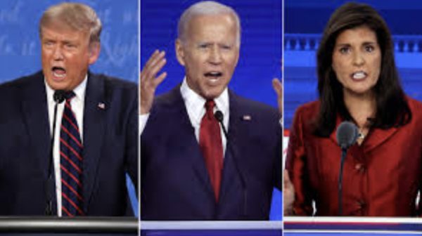 President Joe Biden (center) is the favorite to win the Democratic nomination for the 2024 election, while ex-President Donald Trump (left) looks set to defeat former governor Nikki Haley (right) for the Republican nomination. 