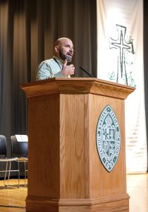 Mr. Deramo addresses the crowd at Mercy Day Mass.