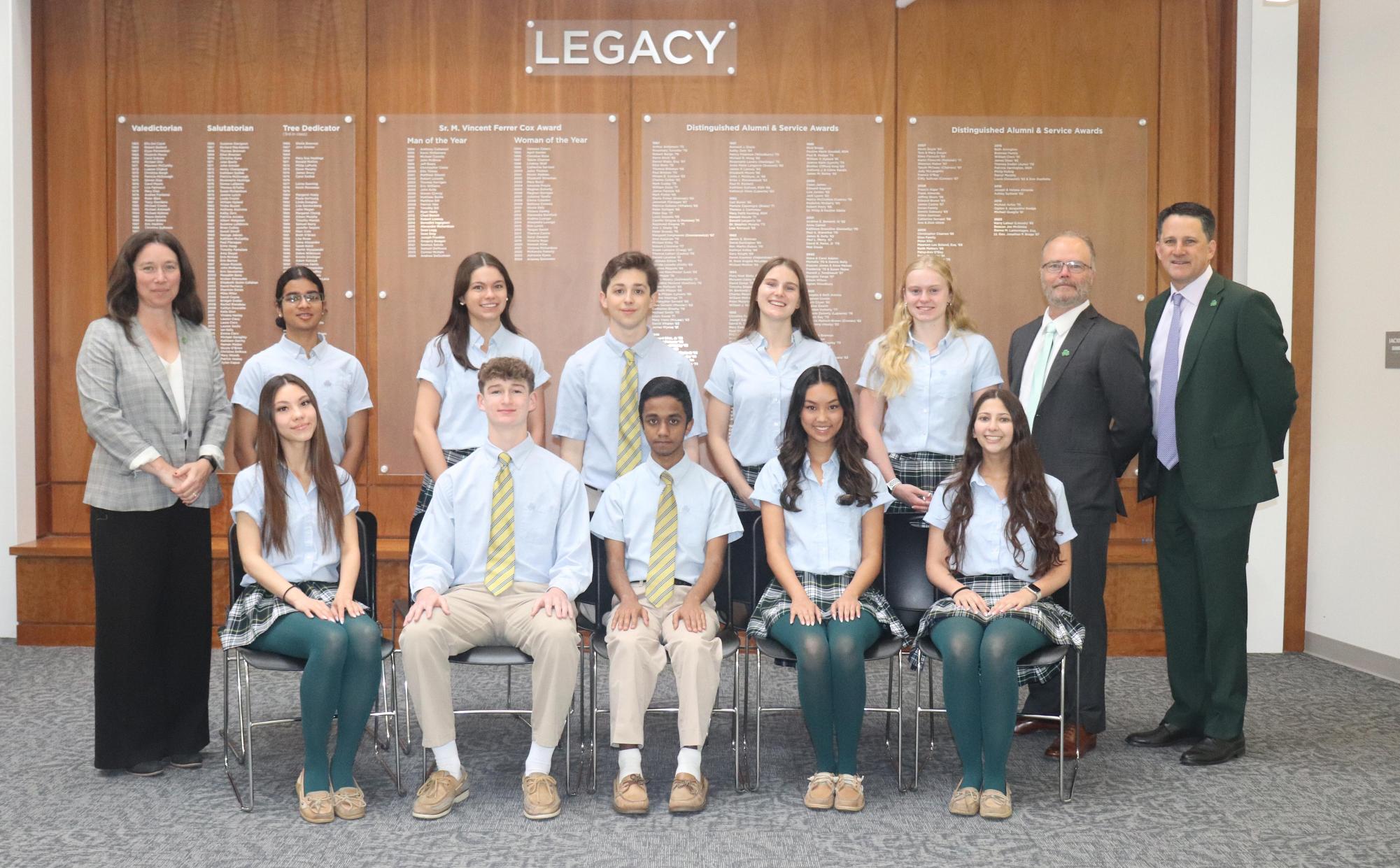 Front Row: Fiona McCally, Salutatorian James Kennedy, Valedictorian Rohit De, Tree Dedicator Katherine Zhang, Elena Borden

Back Row: Vice Principal of Academics Charlotte Lourenco, Ritika Roy, Abigail Salwierz, William Sadler, Avary Serpa, Madelyn Steel, Principal Sean Kane, President Tim Sullivan