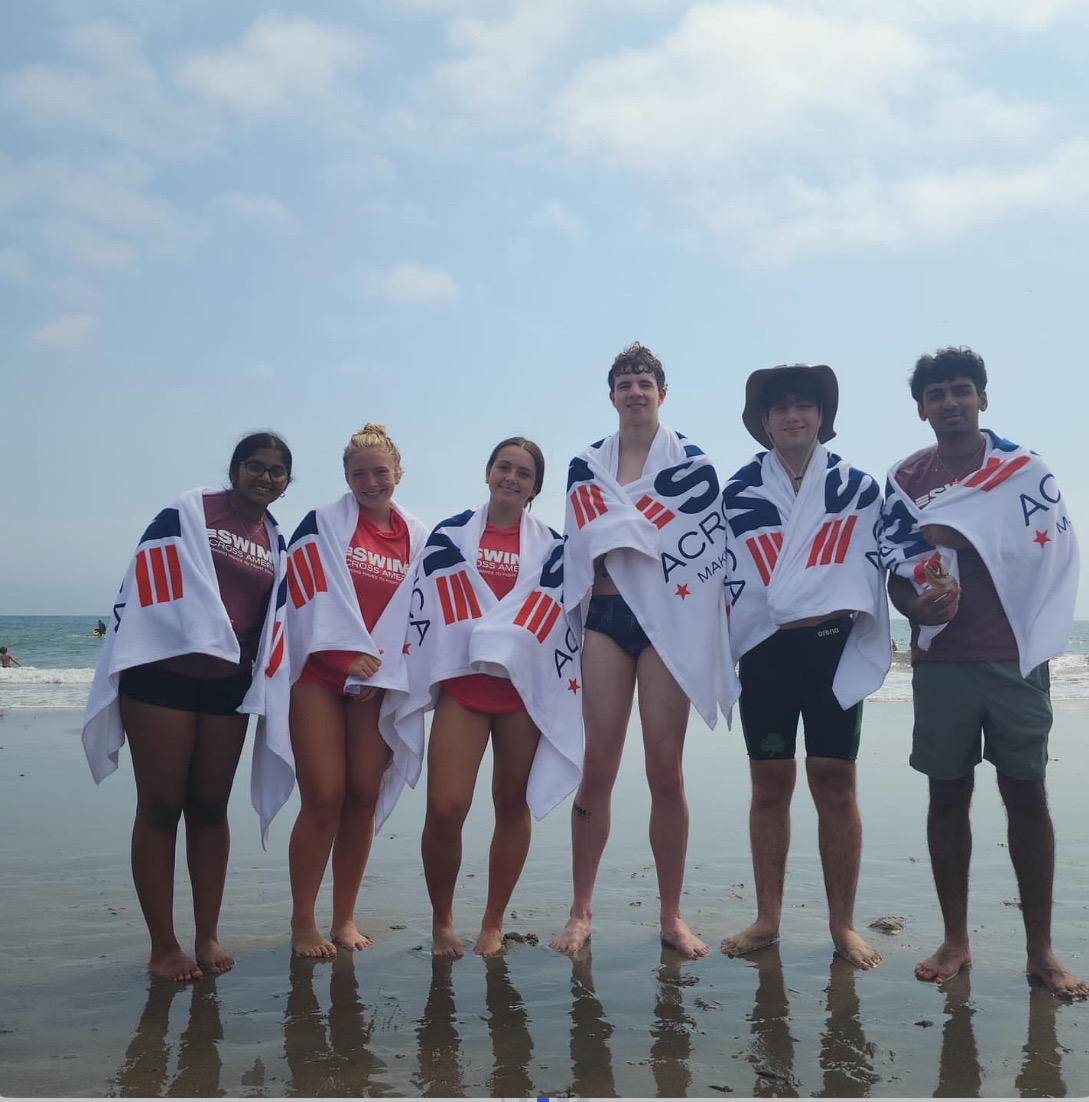 Varsity Swim Team Captains (from left to right): Maria Pallapotula, Avalyn Butt, Isabelle Demedeiros, Brian Parkinson, Antonio Morabito, and Rishi Verma, all swam in the Swim Across America event.