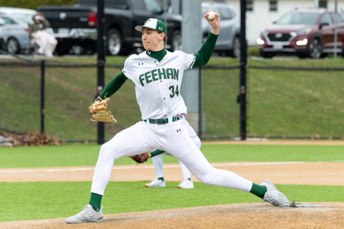 Brody Bumila pitching for the Bishop Feehan Shamrocks